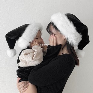 饰氛围黑色小众圣诞帽 hat圣诞节亲子儿童摄影会布置装 noir santa