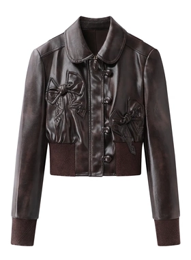 现货2026早春新品时尚娃娃领立体蝴蝶结PU皮外套LF26C21SC008