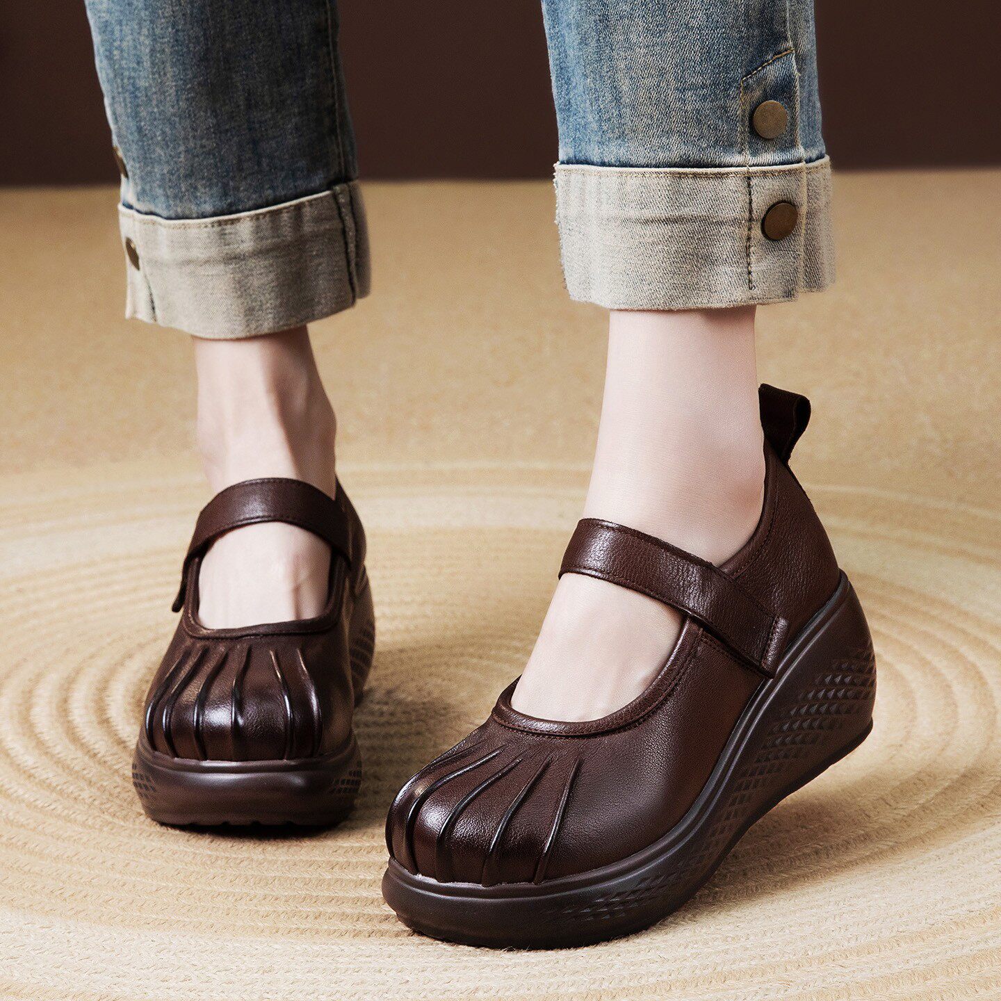 复古纯手工真皮浅口单鞋女头层牛皮低帮鞋松糕厚底舒适魔术贴鞋子