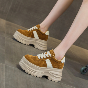 复古风真皮厚底内增高7CM休闲鞋 女磨砂牛皮小个子松糕运动休闲鞋