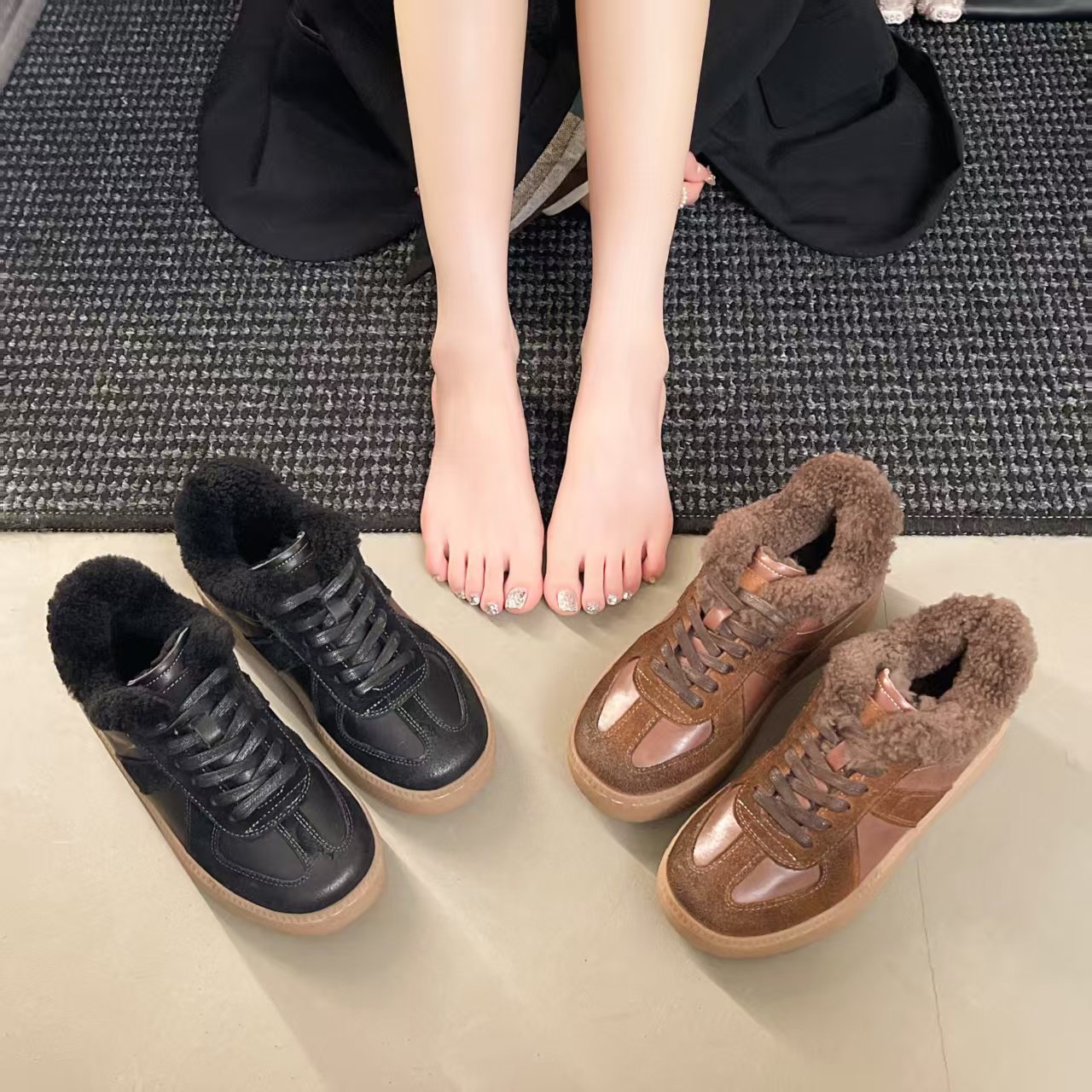 牛皮复古加绒德训鞋女款2025冬季新款加厚羊毛雪地靴增高厚底板鞋
