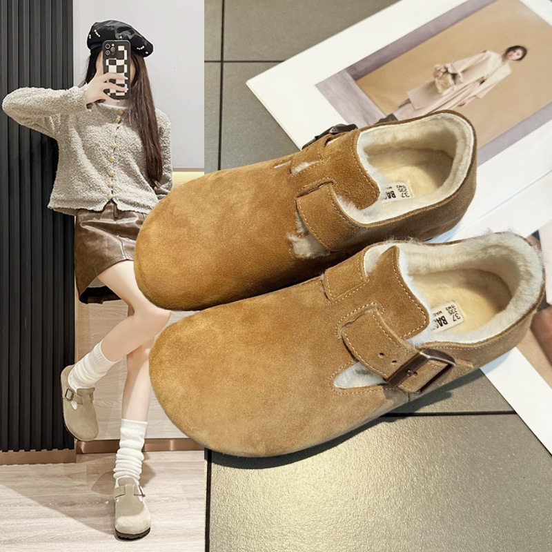 新款牛皮真皮勃肯鞋女复古休闲运动百搭加绒澳洲羊毛保暖棉鞋