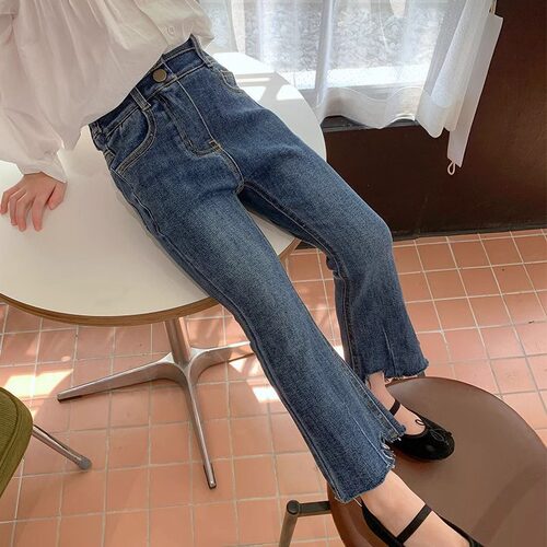 女童牛仔裤弹力喇叭裤高腰毛边