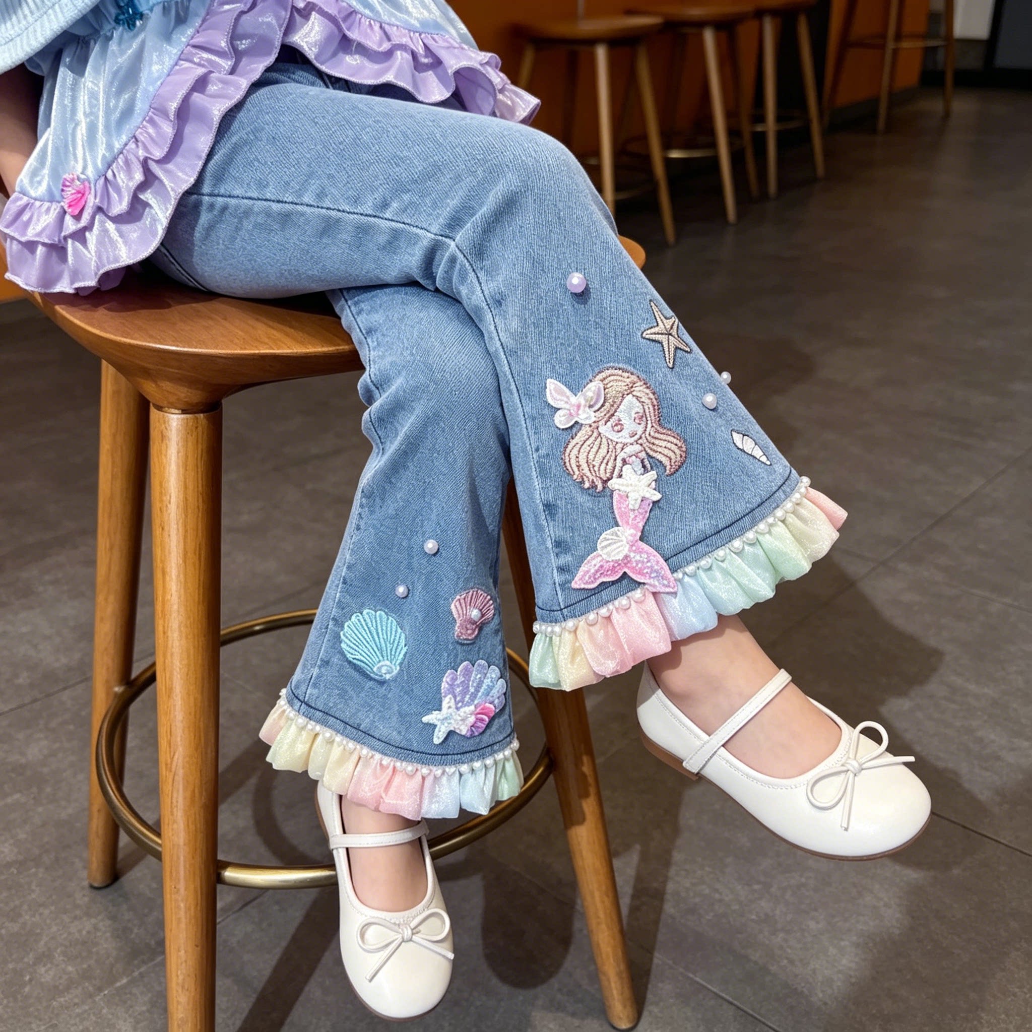 女童秋季新款时尚百搭儿童喇叭裤女孩马蹄牛仔裤汉服春秋弹力裤子