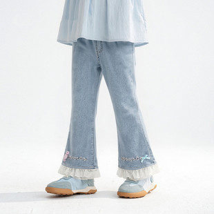 牛仔微喇裤 花边长裤 2026夏季 中大童凉爽九分裤 子 新款 女童天丝薄款
