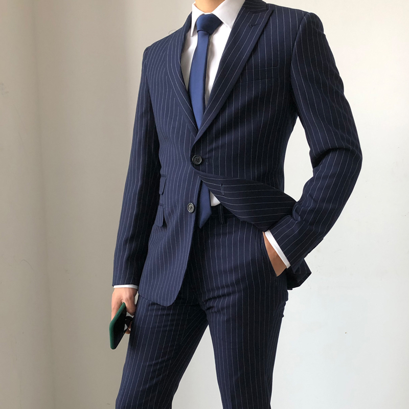 ricodesign男商务蓝条纹单排扣手工西装定做英伦新郎礼服羊毛西服