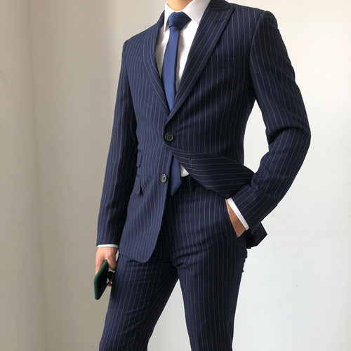 蓝条纹西服抗皱英伦通勤四季双叉