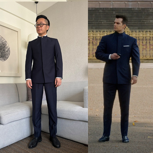 神秘特工阿盖尔Argylle藏青色竖条纹立领西服商务正装西装套装