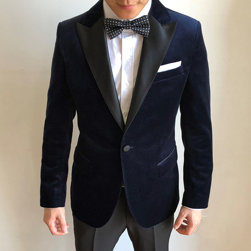 KIESSU Navy Velvet Tuxedo藏青天鹅绒枪驳领婚礼服西服宋仲基款 - 实物图