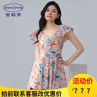 安莉芳专柜新品夏季短袖v领印花民族风女士三角连体泳衣ES00252