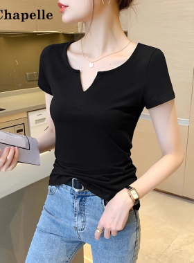 拉夏贝尔V领短袖T恤女夏季新款黑色纯棉百搭正肩修身显瘦别致上衣