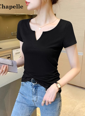 拉夏贝尔V领短袖T恤女夏季新款黑色纯棉百搭正肩修身显瘦别致上衣