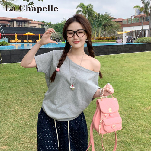 拉夏贝尔斜肩灰色宽松短袖t恤女