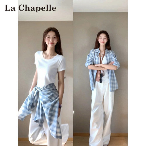 拉夏贝尔白色圆领正肩女t恤女夏
