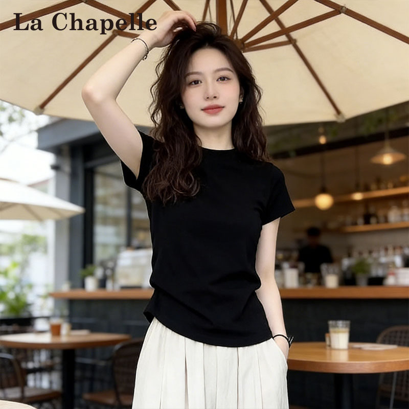 拉夏贝尔黑色圆领短袖t恤女夏季2026新款显瘦修身辣妹绝美上衣,女装/女士精品,T恤,淘宝优惠券,粉丝福利购,淘宝优惠卷