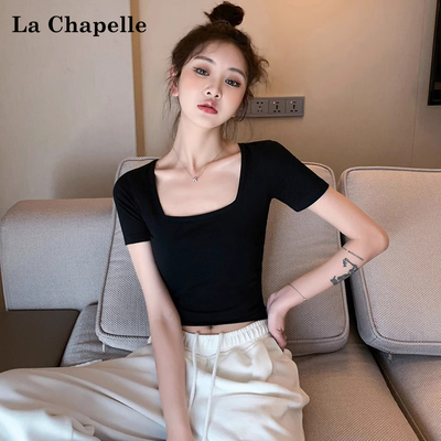 拉夏贝尔黑色方领短袖T恤女2026新款夏季短款纯棉修身半袖上衣服