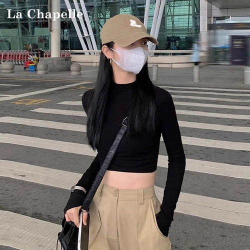 拉夏贝尔白色短款打底衫女秋冬内搭外穿上衣纯棉修身洋气长袖T恤
