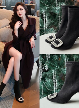 【Luray】气质御姐方扣水钻短靴瘦瘦靴