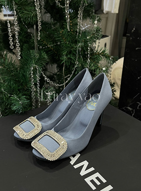 方扣钻扣桑蚕丝绸缎新中式细跟高跟鞋
