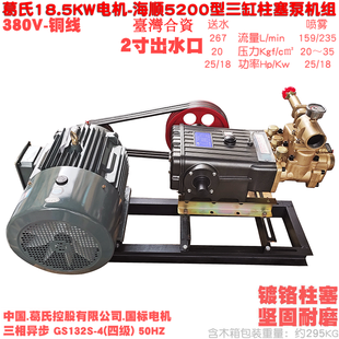 380V铜电机18.5KW配海顺5200型三缸柱塞泵高压清洗喷雾器抽水 2寸