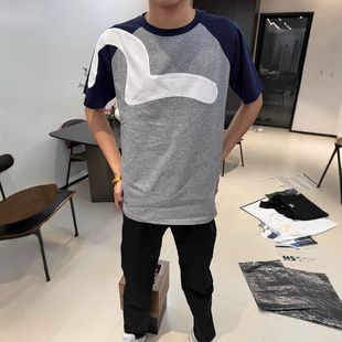 2025春夏網(wǎng)紅爆款 T恤寬松上 輕奢男女同款 大M印花拼接純棉短袖
