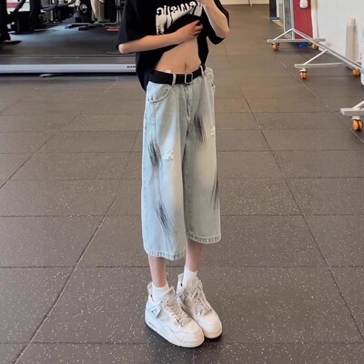 美式扎染渐变破洞牛仔裤男款夏季