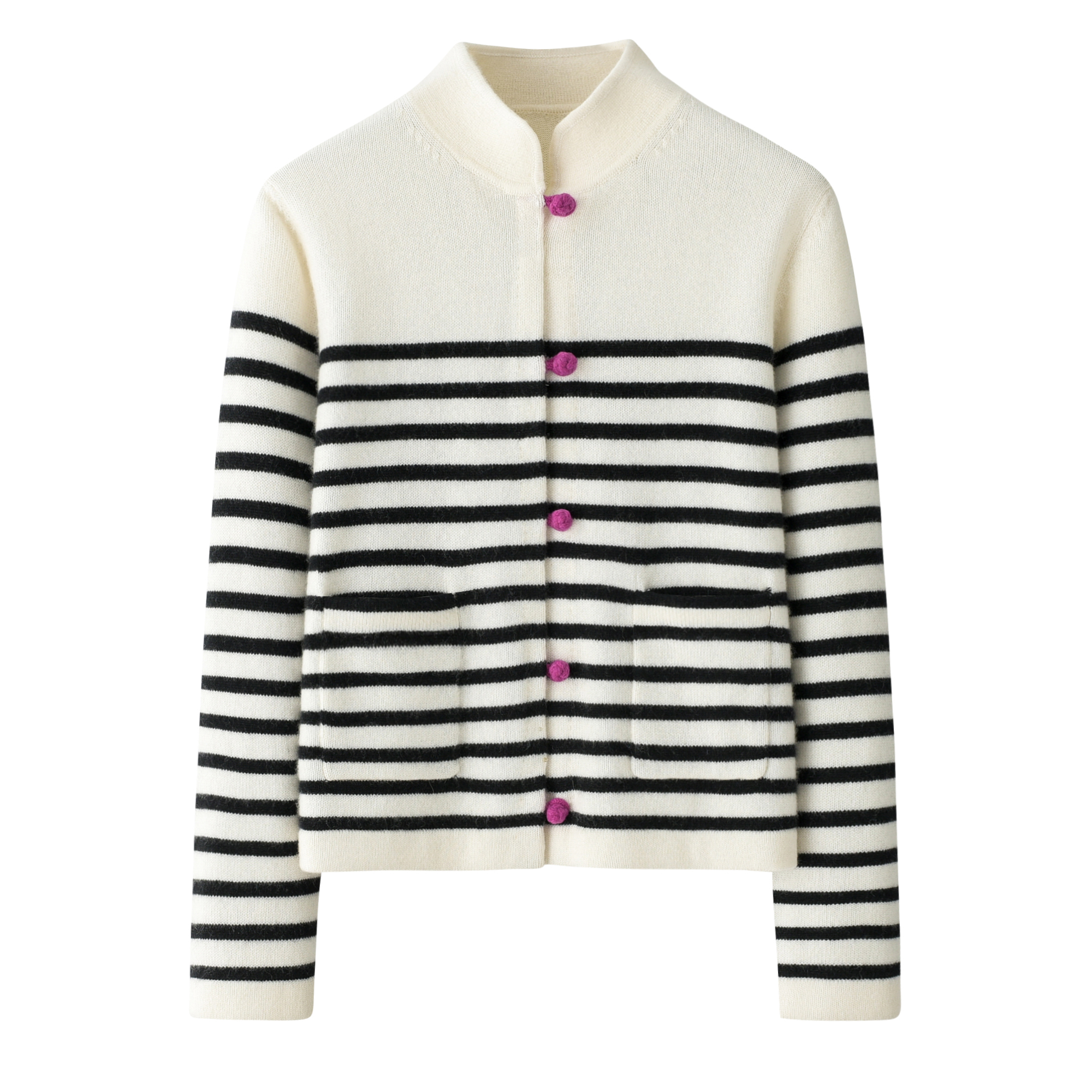 鄂市100%纯羊绒衫新中式立领夹条条纹女开衫时尚加厚外套