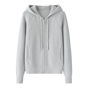 鄂市100%纯山羊绒衫女连帽拉链开衫外套加厚针织毛衣帽衫