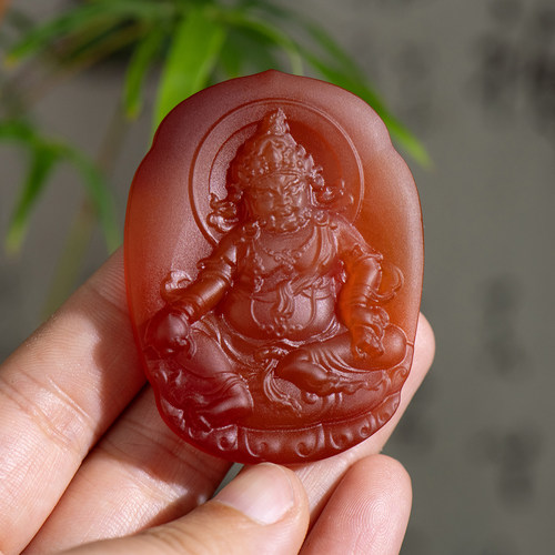天然红玛瑙黄财神吊坠挂饰无事牌