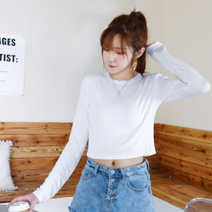 长袖短款T恤女 春夏季新款白色修身打底衫圆领高腰配阔腿裤上衣