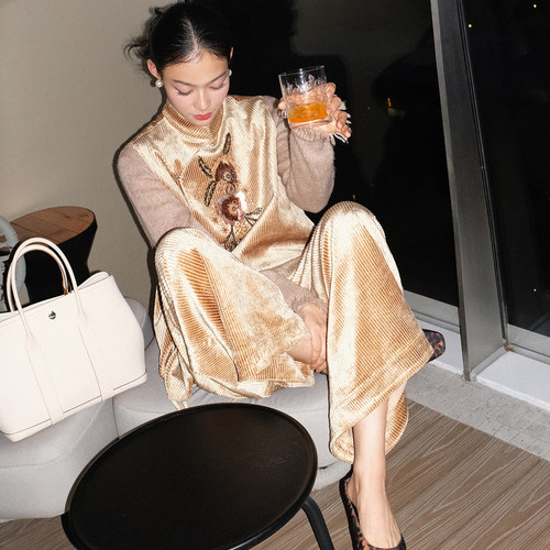 洋气新店REDMEMORY东方韵玉 流光溢彩立体珠绣条绒马甲阔腿裤