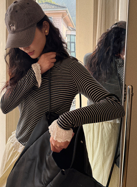 洋气新店REDMEMORY谁能不爱 可盐可甜 蕾丝花边条纹打底T