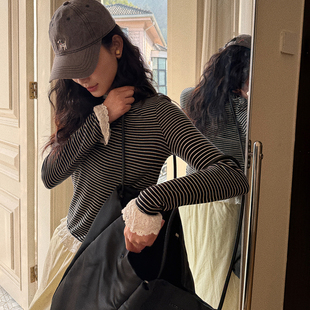 洋气新店REDMEMORY谁能不爱 蕾丝花边条纹打底T 可盐可甜