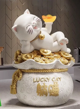 躺赚招财猫福袋元宝摆件店铺开业公司前台装饰品存钱罐树脂工艺品