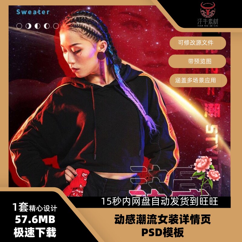 动感潮流女装淘宝贝详情页psd模板素材产品描述美工文案设计文件