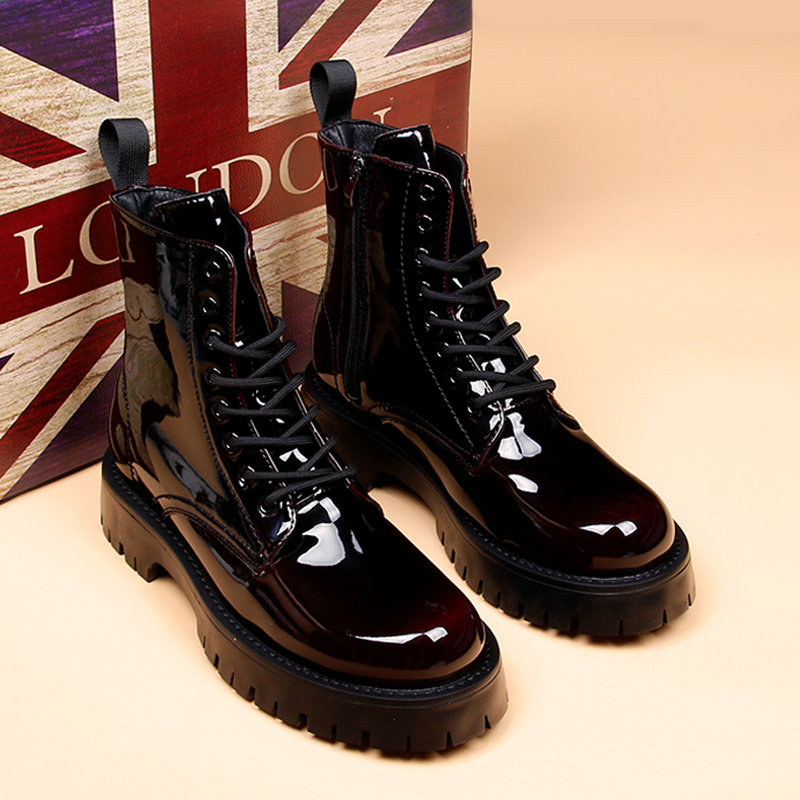 漆皮亮面男士马丁靴春秋季高帮靴子男2025新款厚底防滑机车皮靴