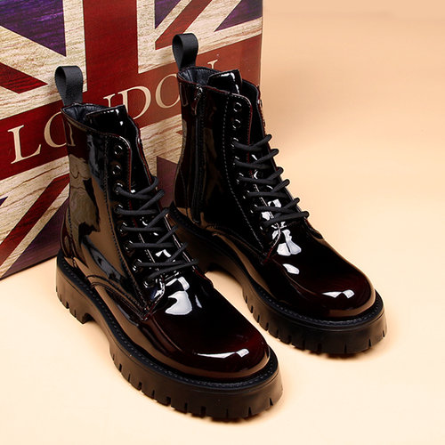 漆皮亮面男士马丁靴春秋季高帮靴子男2025新款厚底防滑机车皮靴