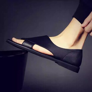 外穿真皮开车凉拖潮牌休闲防滑耐磨软底罗马鞋 夏季 男士 英伦风凉鞋