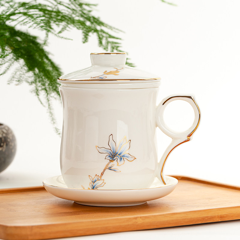 骨瓷金把手指环茶漏杯烫金陶瓷杯茶杯带盖带茶隔包金工艺马克杯
