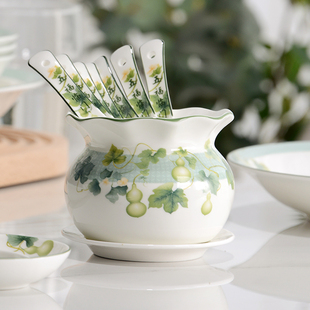 金岚玉五福临门骨瓷刀叉收纳小勺笼陶瓷勺子筒餐桌置物福袋勺笼