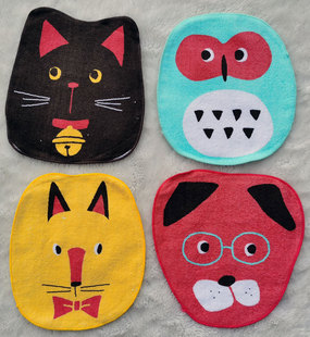 18x20cm日单卡通猫狗猫头鹰头部造型圆形外贸纯棉全棉儿童小毛巾