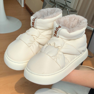 防水羽绒布加绒加厚雪地靴女冬鞋底外穿网红保暖短筒面包棉鞋假日
