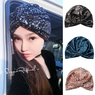 春天新款时尚亮片包头帽复古打结套头帽贵妇名媛纯色女包头巾帽子