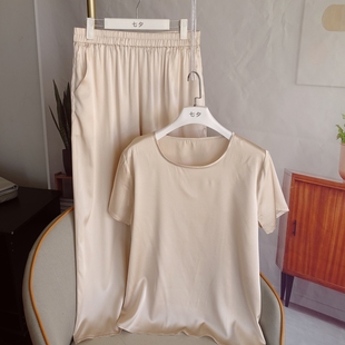 T恤宽松直筒长裤 短袖 家居睡衣外穿透气凉 女 桑蚕真丝休闲两件套装