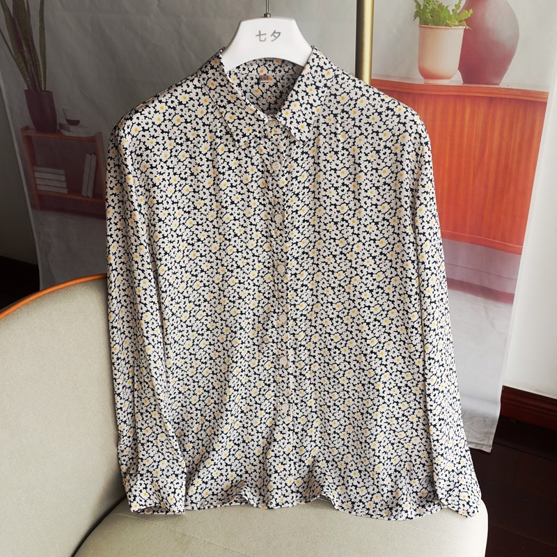 桑蚕真丝衬衫女长袖印花简约百搭宽松直通垂坠质感透气秋装上衣新,女装/女士精品,真丝上装,淘宝优惠券,粉丝福利购,淘宝优惠卷