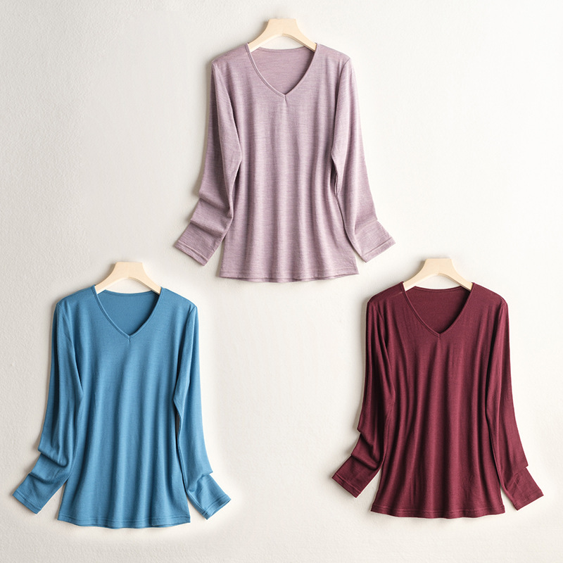 保暖羊毛V领长袖女款睡衣打底衫