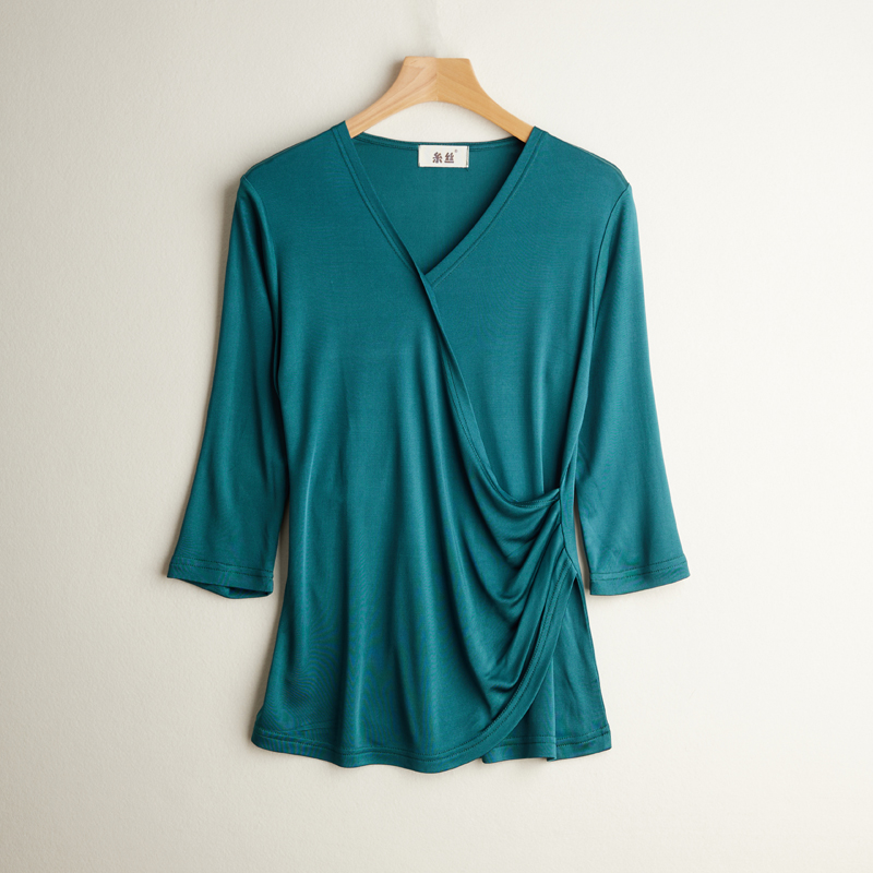 七分袖显瘦褶皱真丝女士上衣透气