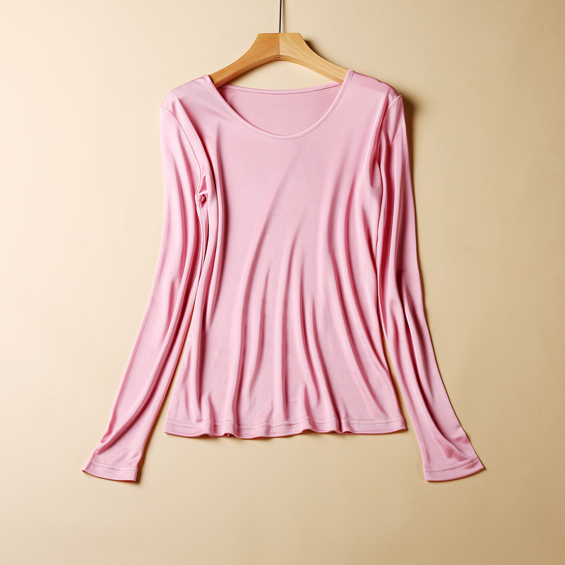 春季桑蚕丝上衣女士针织真丝打底衫内衣睡衣纯色长袖圆领T恤