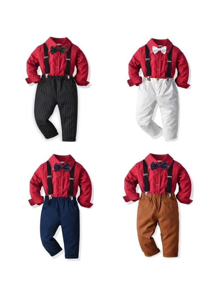男童春秋礼服红色圣诞喜庆衬衫背带长裤套装宝宝生日婚礼花童正装