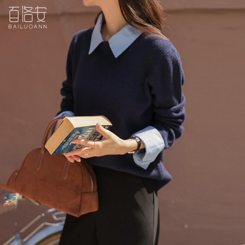 百洛安设计感撞色翻领假两件针织衫女春新款宽松百搭长袖套头毛衣